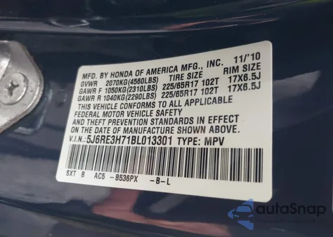 2011 Honda Cr-V Ex-L z USA, uszkodzony, nr VIN 5J6RE3H71BL013301